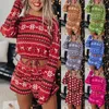 Survêtements pour femmes Femmes Pyjama de Noël Ensembles à manches longues Crop Top Shorts 2pcs Noël Flocon de neige Imprimer Tricot Automne Homewear