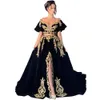 Robes de soirée caftan en velours noir chic lanterne manches courtes appliques de dentelle dorée cristal perlé femmes 2 pièces fente sur le devant arabe Duabi robe de bal pour occasions spéciales