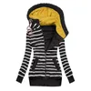 Women's Jackets Women Jacket Coat Autumn Winter Fashion Stitching Stripe Prints Pockets Zipper Turtlneck Sweatshirt Hooded Outwear D102#