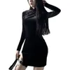 Casual Dresses Women Vintage Cheongsam Bodycon Dress Goth Dark Solid Color Mandarin Collar Long Sleeve Split Short Sheath Party Club Y2k