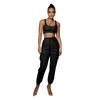 Women's Two Piece Pants Personality Street 2023 Fashion Casual Suit Solid Color Pocket Ankle-Tied Trousers Body Shaping Vest Two-Piece Set