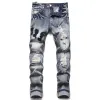 Дизайнерские мужские джинсы для походов, рваные брюки в стиле хип-хоп, модные брендовые брюки High Street, мотоциклетные брюки с вышивкой, облегающие узкие брюки-карандаш