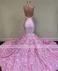 Roze lange prom jurken zeemeermin zwarte meisjes pailletten sexy backless halter 3d bloemen Afrikaanse vrouwen formele avondfeestjurken 2023