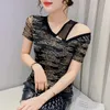 T-shirt da donna 2023 Summer Mesh Print Top Moda femminile Sexy Off The Shoulder Women M-3XL Plus Size Leopard Blusas