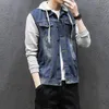 Hommes Vestes Automne Tendance Hommes Denim Veste Patchwork Lâche À Capuche Jeans Survêtement De Nombreuses Poches Bleu Coton Doux À Manches Longues Manteaux Coupe-Vent