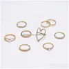 Bandringen mode -sieraden faux Pearl Rhinstone Crown Hollow Love Ring Set Knuckle 9pcs/Set Drop Delivery Dh6ld