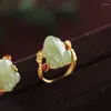 클러스터 반지 디자이너 원래 자연 Hetian Jade Frog Gilt Lotus Leaf Opening 조정 가능한 링 성격 트렌드 패션 여성 보석