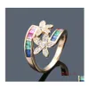 Band Rings Cute Rainbow Zircon Stone Ring Sier Yellow Gold Color Flower Love For Women Lady Romantic Promise Wedding Party Jewelry D Otayp