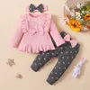 Zestawy odzieży Born Baby Girls Ubrania Pink Toddler Ruffle Tops Serce Print Bow Spodni Princess Casual Infant Stroje Suit 230202