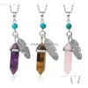 Pendant Necklaces Natural Stone Tower With Feather Plated Charm Healing Column Gemstone Pendants For Women Sweater Necklace Statemen Dho5Q