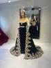 Elegant Moroccan Kaftan Evening Dresses Long Sleeves Gold Lace Applique Navy Velvet Formal Party Gowns Scoop Neck Arabic Dubai Muslim Prom Dress