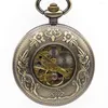 Pocket Watches Vintage Flower and Bird Carving Skeleton Dial Mehanical Hand Wind med FOB Chain för Mens Womens PJX1349