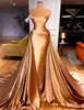 Feestjurken goud chic een schouder crystal zeemeermin prom jurk met afneembare trein sexy backless avond formeel onderdeel bruidsmeisjurys