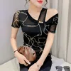 T-shirt da donna 2023 Summer Mesh Print Top Moda femminile Sexy Off The Shoulder Women M-3XL Plus Size Leopard Blusas