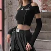 Koszulki damskie Grunge TechWear Women Emo Patchwork Black T-shirts Egirl Y2K Tops with ramię rękawiczki Hip Hop Zbiornik Estetyczny Ubrania Tshirt