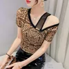 T-shirt da donna 2023 Summer Mesh Print Top Moda femminile Sexy Off The Shoulder Women M-3XL Plus Size Leopard Blusas