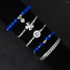 Link bransoletki proste modne niebieskie ręcznie plecione z koralikami czterolistną koniczynę boho w stylu łańcuch urok biżuterii 5 sztuk/zestaw dla kobiet
