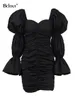 Vestidos casuais bclout elegante vestidos pretos mulheres puff manga plissada gola quadrada sexy vestidos de noite moda backless festa mini vestido 230202