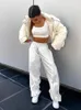 Pantalon Femme Femmes Large Jambe Blanc Cordon Cargo Surdimensionné Lâche Pantalon De Survêtement Grunge Streetwear Décontracté Élastique Pantalon Droit