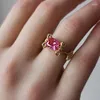 Wedding Rings Female Rose Red Square Crystal Ring Charm Yellow Gold Color For Women Luxury Bride Zircon Stone Engagement