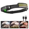 Camping Lantern Sensor Headlamp COB LED Head Lamp Flashlight USB Rechargeable Head Torch 5 Lighting Modes Head Light with Built-in Battery