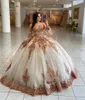 2023 Rose Gold Ball Gown Quinceanera Dresses Bridal Gowns Sparkly Sequined Lace Crystal Beads Illusion Open Back Sequins Half Sleeves Sweet 16 Dress Sweetheart