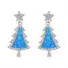 Stud Earrings Cute Unique Female Christmas Tree Silver Color Blue White Opal Vintage Wedding For Women