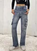 Pantalon Femme Poche Patchwork Cargo Pant Femmes Taille Basse Lavé En Détresse Slim Fit Denim Pantalon Droit Femme Y2k Vintage Jambe Large