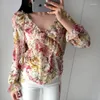 Women's Blouses 2023 Retro Fashion Floral Blouse Ruffles Long Sleeve Chiffon Women Shirts Boho Style Sweet Summer Tops Chemise Blusa