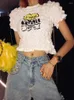 Dames T -shirts Hoge kwaliteit 2023 Aankomstontwerper Vrouw Korte crop tops Sexy Draped T -shirt Puff Sleeve Holiday Gedrukt