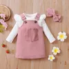 Clothing Sets 3Pcs Baby Girls Outfit Sweet Style Solid Color Long Sleeve Round Collar Romper Front Pocket Suspender Skirt Headwear Set 230202