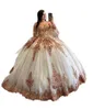 2023 Rose Gold Ball Gown Quinceanera Dresses Bridal Gowns Sparkly Sequined Lace Crystal Beads Illusion Open Back Sequins Half Sleeves Sweet 16 Dress Sweetheart