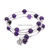 Pulsera de cuentas de piedras preciosas naturales Pulsera de cuentas de curación de cuarzo Brazalete de hebra con encanto de hoja chapada en plata Pulseras de piedra de deseo de amor para W Dhh2Q