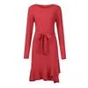 Casual Dresses Woman Dress O Neck Ruffle Solid Color with Sashes Lång ärm Loose Party Sundress Vestido 2023