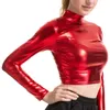 Women's T-Shirt Womens Metallic Shiny Long Sleeve Crop Top Ladies Fashion Glossy Solid Color Mock Neck T-shirt Club Pole Dance Rave Bar Costume 230202