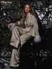 Kvinnor Tvåbitar byxor Clablive Causal Loose Home Suit Autumn Fashion Khaki Satin Wide Set Elegant Long Sleeve Laceup Robes 230202