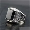 Solitaire ringringen voor mannen retro klassiek Thai sier Dark So Imitation Black Agate Open Trend Fourclaw edelsteen heren sieraden Luckyha Dh1HQ