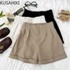 Dames shorts Kusahiki Fashion Folds elastische hoge taille vrouw pak lente herfst nieuwe bodems causale vaste Koreaanse brede been korte mujer y2302