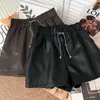 Women's Shorts KUSAHIKI korean PU Leather for Women Chain Elastic High Waist Bottoms 2022 Autumn Winter New Wide Leg Short Feminimos Y2302