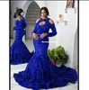 Royal Blue Mermaid Prom Evening Dresses Glitter Sequined Long Sleeves Dress Lace Side Split Party Gowns