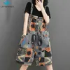 Women's Shorts 6051 Women Summer Fashion Korean Thin Denim Student Casual Large Loose Vintage Print Suspender Playsuit Female Y2302