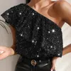 T-shirt da donna 2023 Top asimmetrico con paillettes da festa Vestibilità slim Corto Sexy Elegante da donna Scintillante scintillio Wear Club Night One Shoulder