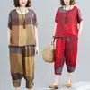 Kadınlar iki parçalı pantolon ince yumuşak pamuk keten gevşek kadın kıyafetleri set üstleri harem gündelik vintage ekose yaz moda takımları 230202