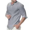 T-shirt da uomo Camicia estiva in cotone e lino T-shirt casual ampia con scollo a V a maniche lunghe HSJ88