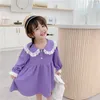 Mädchenkleider Frühlings-Kinderkleider für Mädchen, Spitzen-Patchwork, koreanischer Stil, niedlich, langärmelig, Umlegekragen, Party, Prinzessin 230202