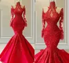 Lüks kırmızı dantel elbiseler Akşam kıyafetleri denizkızı balo elbisesi yanılsaması uzun kollu yüksek yakalı boncuklu yarışçık gelin partisinin annesi 2023