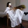 Casual Dresses College Style White Fairy Dress Large Lapel High Waist Loose Over The Knee Long Skirt Black A-line Women