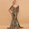 Lässige Kleider für Damen, Winter, sexy, V-Ausschnitt, lange Ärmel, rückenfrei, glitzernde Pailletten, Luxus-Berühmtheitsabend-Partykleid, Meerjungfrau, Gold