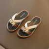 Slipper Girl's Summer Slippers Metal Decoration Exotic Style Beige Black Children Flip-Flops 26-35 Slip-On Fashion Sliders For Girls 0203