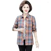 Women's Blouses 2023 Three Quarter Sleeve Shirt Women Turn Down Collar Basic Casual Cotton Plaid OL Work Loose Blouse Tops